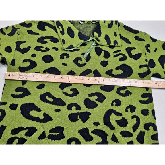 Women's Large Sweater Lime Green/Black Leopard Print Quarter Zip Neckline - Picture 10 of 11